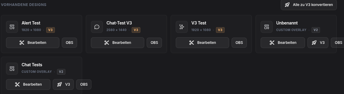 Design-Karten mit V2/V3-Kennzeichnung und Konvertieren-Button